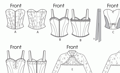 Butterick 5797 corset pattern. Click through for a blog entry on garment ease and amounts in commercial patterns, including two contemporary corset patterns and issues with sizing and ease amount discrepancies.