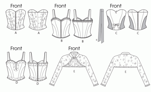 Butterick 5797 corset pattern. Click through for a blog entry on garment ease and amounts in commercial patterns, including two contemporary corset patterns and issues with sizing and ease amount discrepancies.