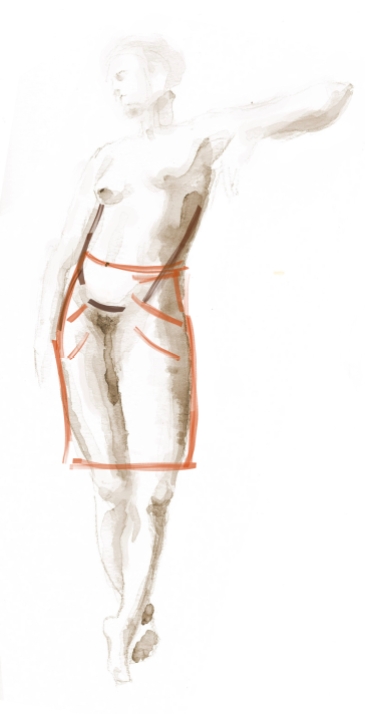 fabric is pulled forward by full abdomen, shifting side seams forward and causing drag lines